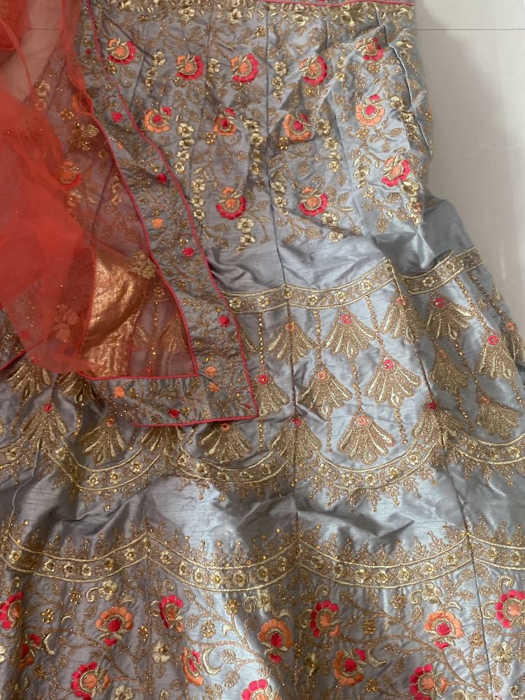 Grey Colour Heavy Work Ghagra With Duppata And Blo