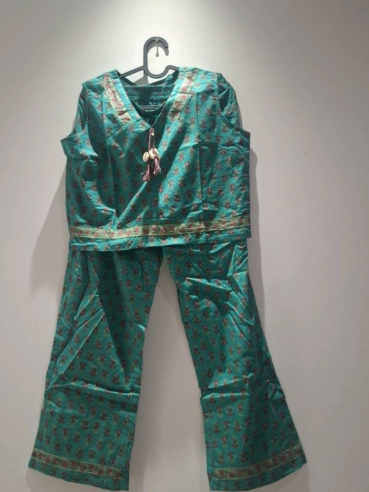 Teal Ethnic Kurta Set with Printed Pants