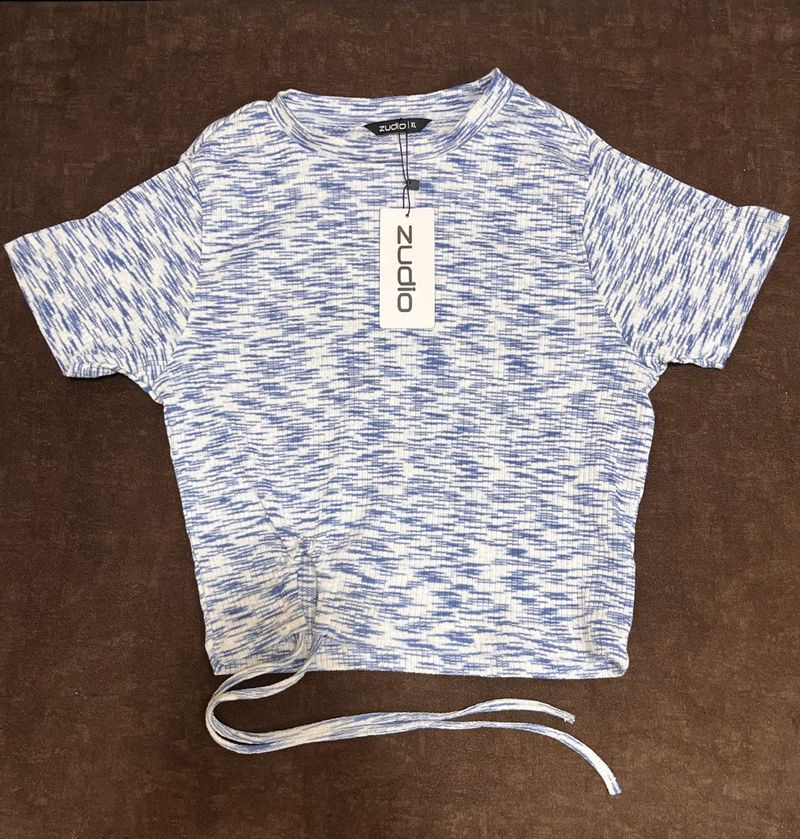 Blue &amp; White Marled Knit Crop Top