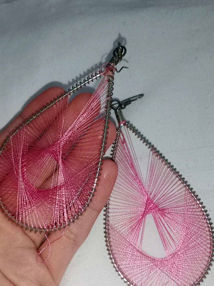 Unique Pink Thread Tear Drop Earrings