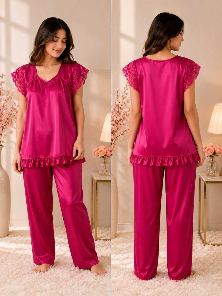 Satin Lace Trim Pajama Set