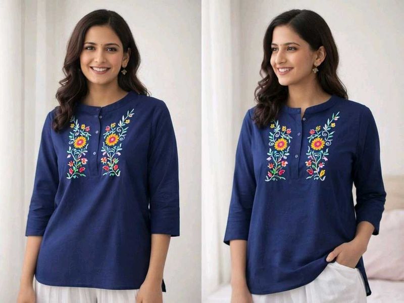 Embroidered Navy Blue Kurta Top