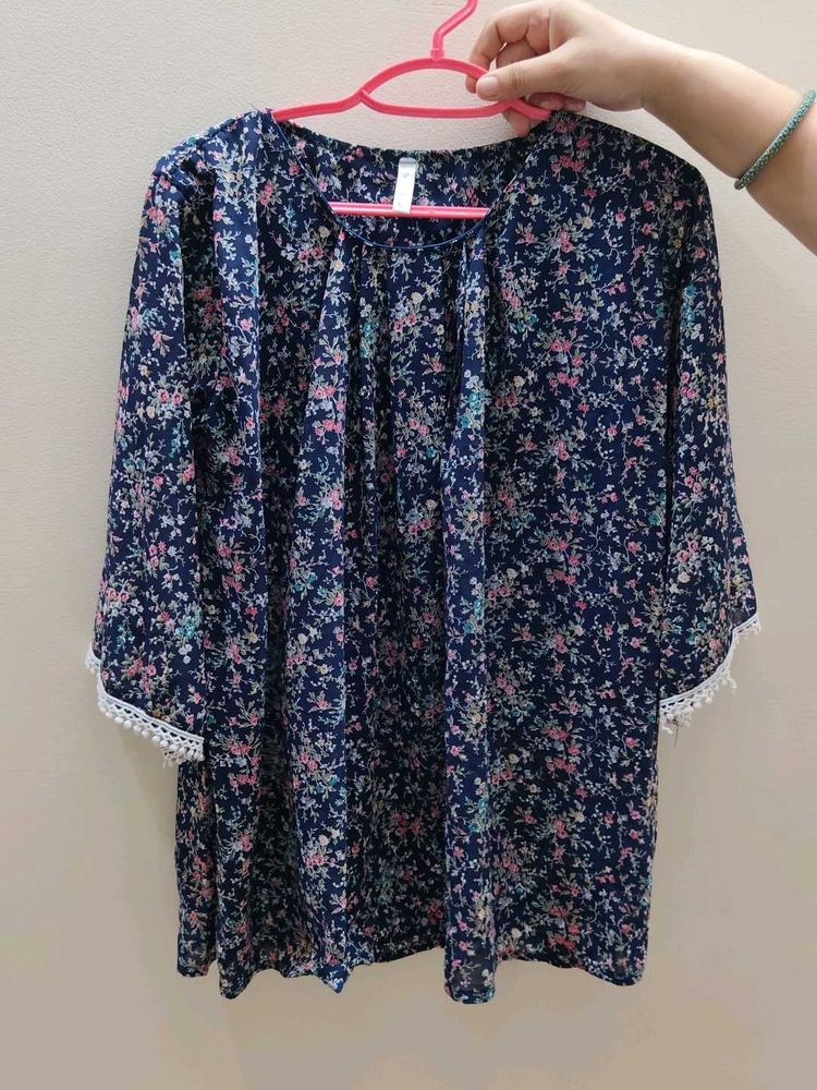 Navy Floral Print Kurta with White Trim