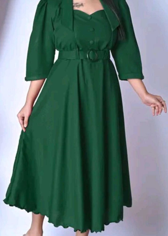 🆕 Elegant Green Belted Midi Dress