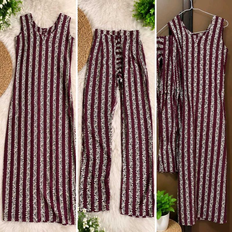 Maroon &amp; White Printed Kurta Set