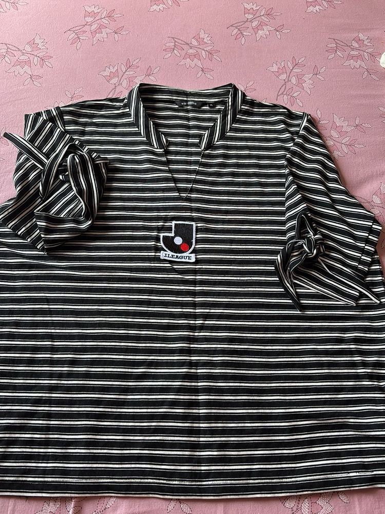 Striped Tie-Sleeve V-Neck Top