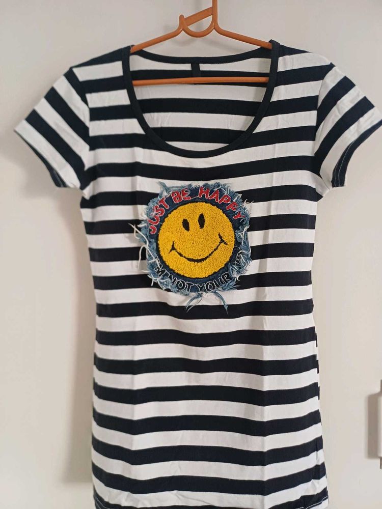 Striped T-Shirt with "Just Be Happy" Smiley Patch