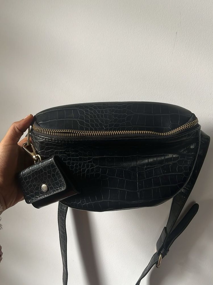 Black Croc Embossed Fanny Pack