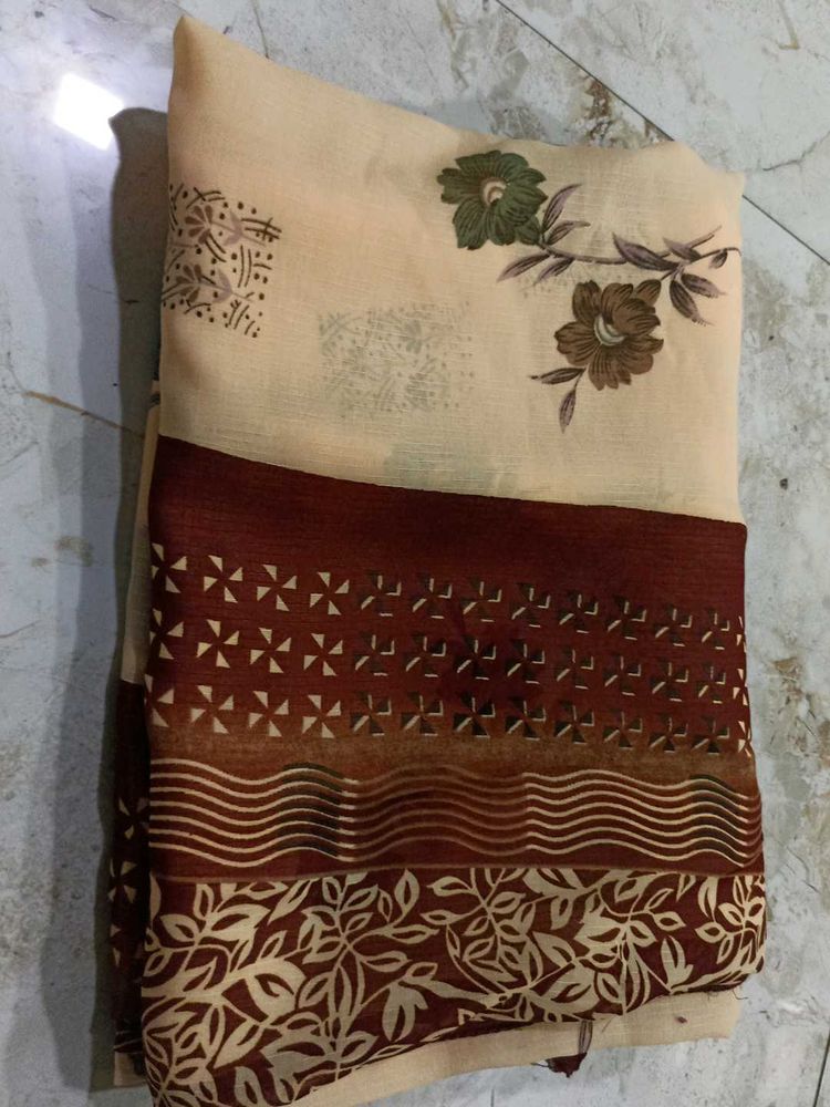 Cream Floral Saree with Maroon Border