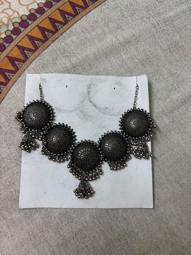 Oxidized Silver Jhumka Necklace