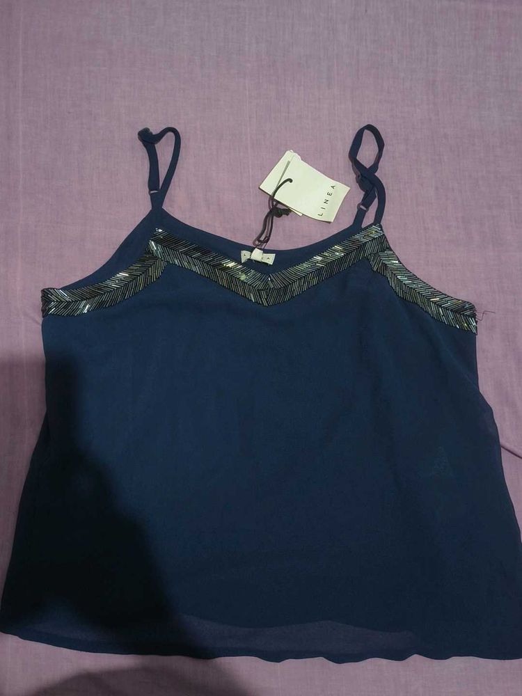 Elegant Navy Blue Embellished Cami Top