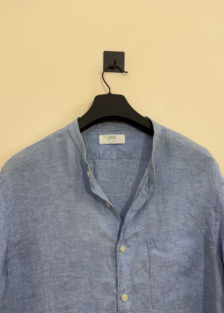 Men's Blue Linen Band Collar Shirt