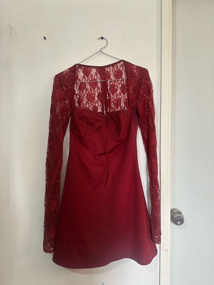 Red Lace Long Sleeve Mini Dress