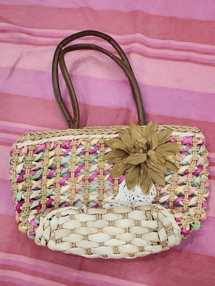 Woven Floral Embellished Tote Bag