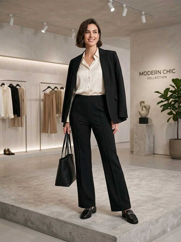 Black High-Waist Front-Seam Trousers
