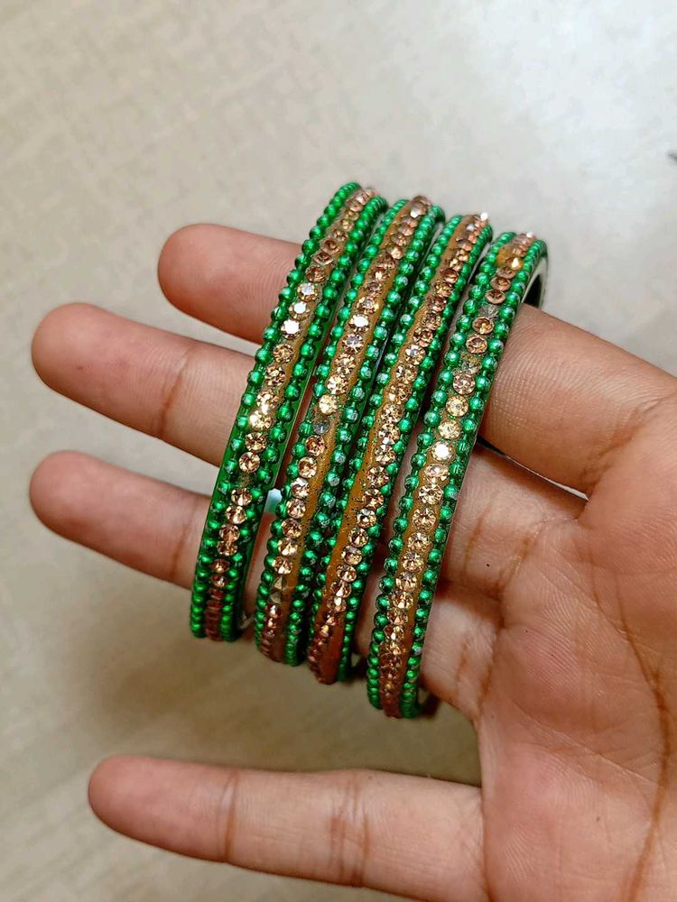 Green &amp; Gold Beaded Bangles