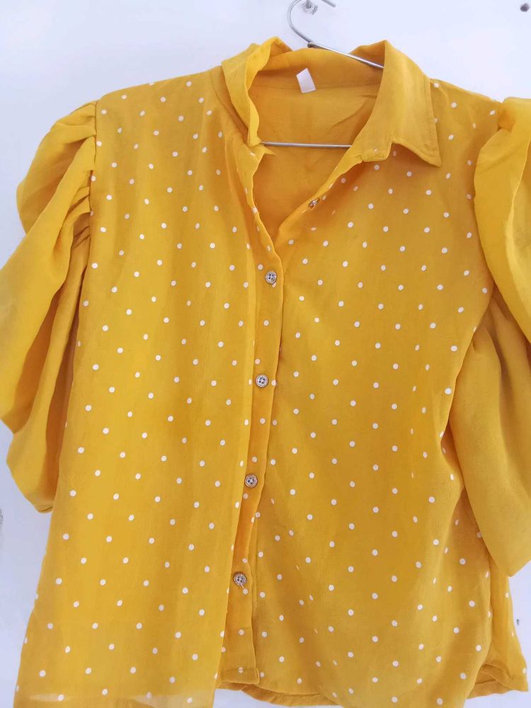 Yellow Polka Dot Puff Sleeve Blouse