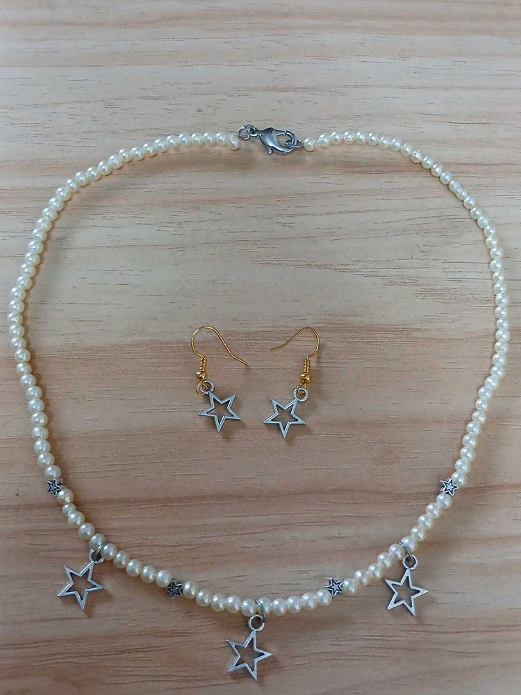 Pearl &amp; Star Charm Necklace &amp; Earrings Set