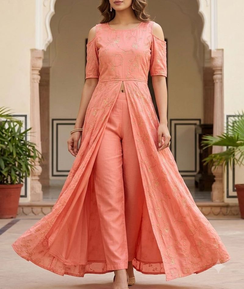 Peach Kurta Set with Gold Print