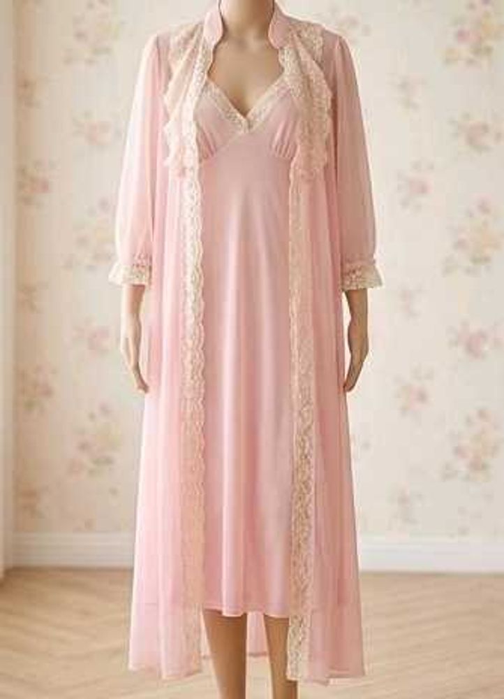 Pink Lace Trim Nightgown &amp; Robe Set