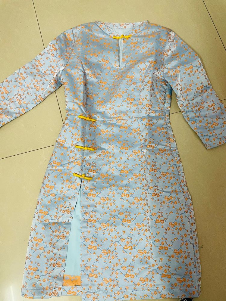 Light Blue Floral Cheongsam Dress