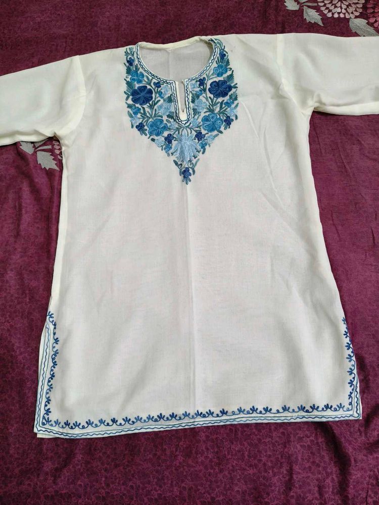 White Embroidered  short Kurti