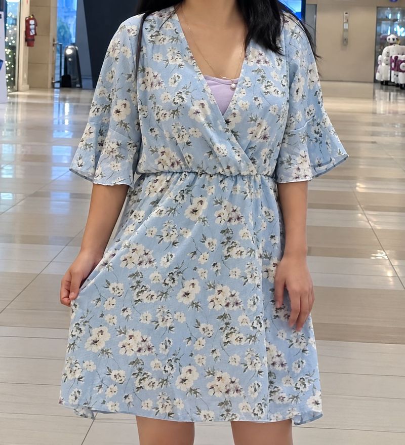 Light Blue Floral Wrap Dress