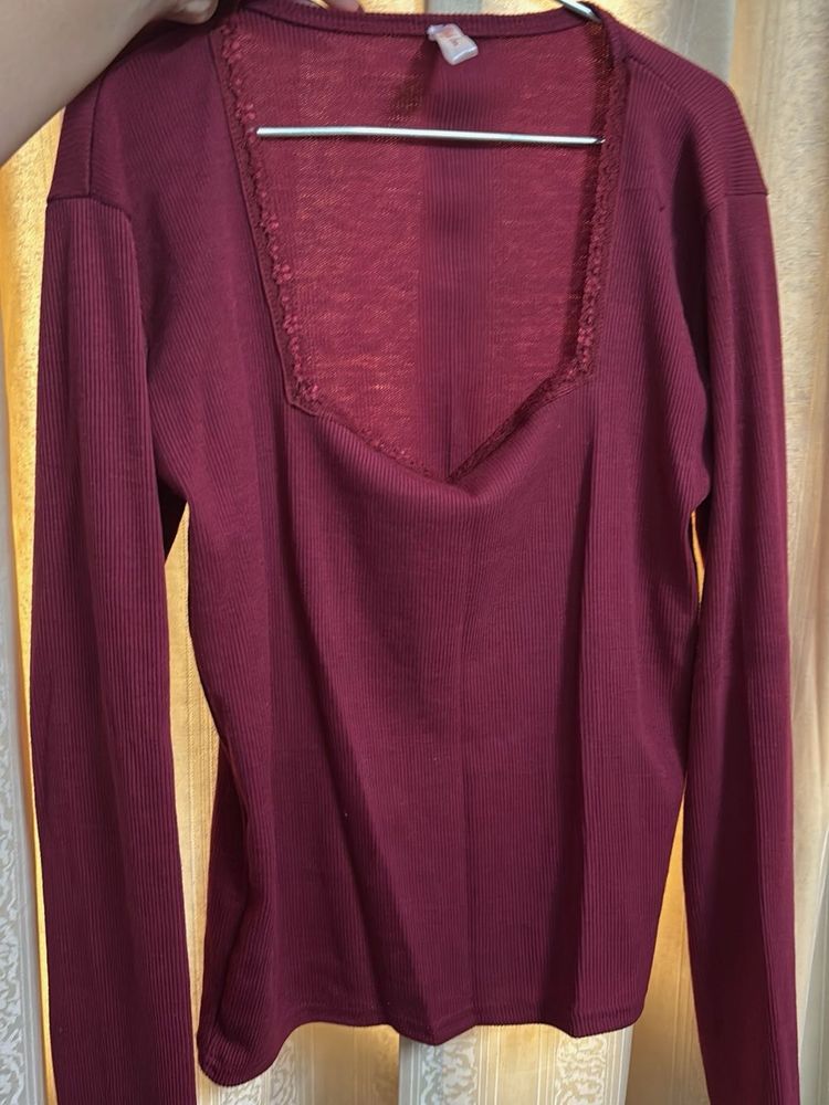 Maroon Ribbed Square-Neck Long Sleeve Top