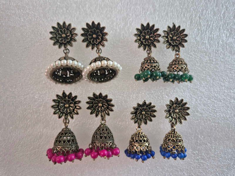 Set of 4 Oxidized Jhumka Earrings