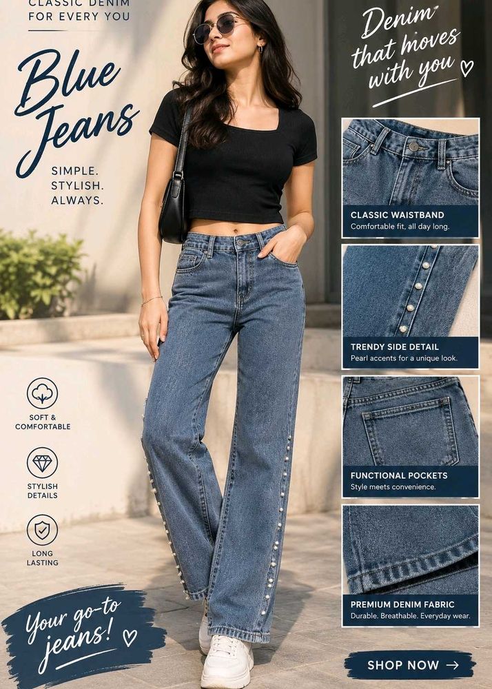 Stylish Blue Jeans with Pearl Accents