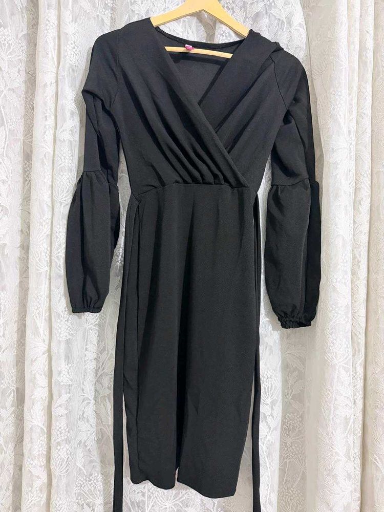 Elegant Black Long Sleeve Midi Dress