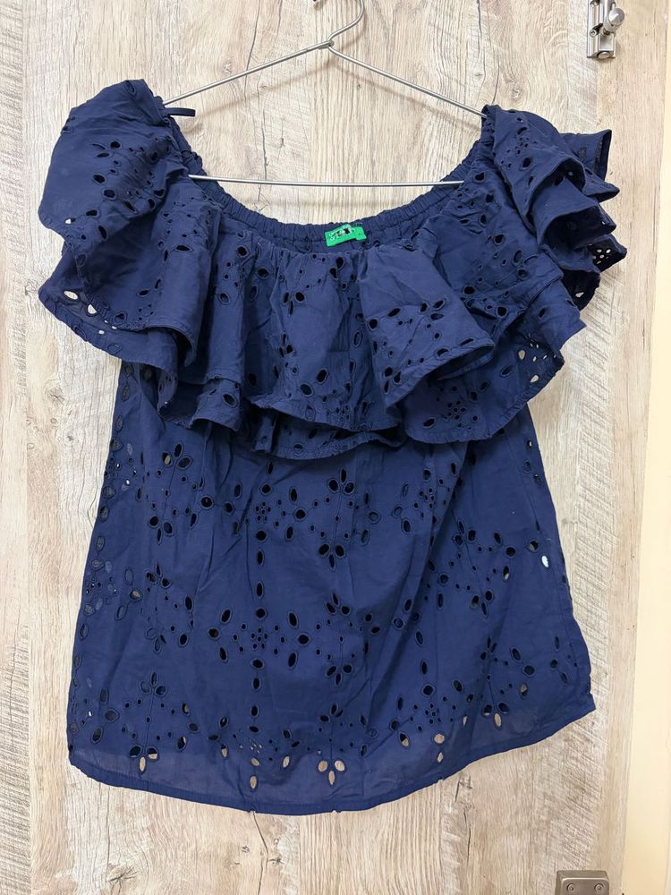 Navy Blue Off-Shoulder Eyelet Top