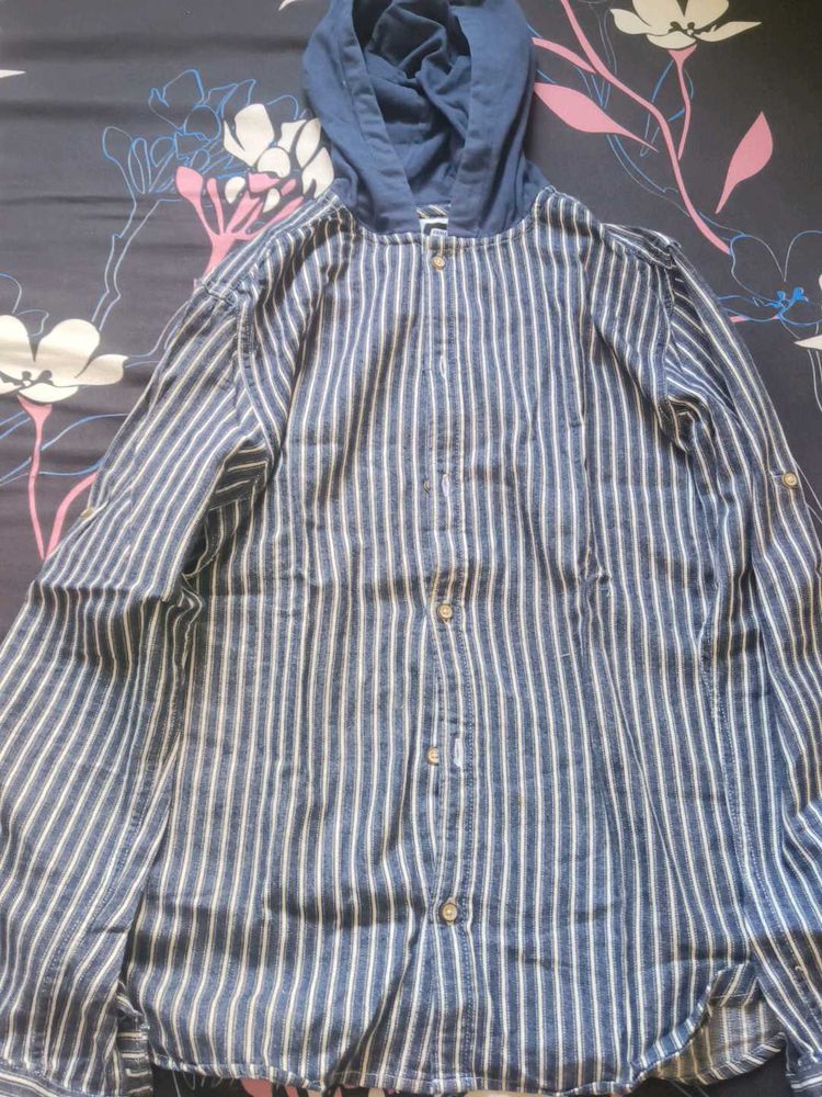 Striped Button-Up Shirt with Hoodie