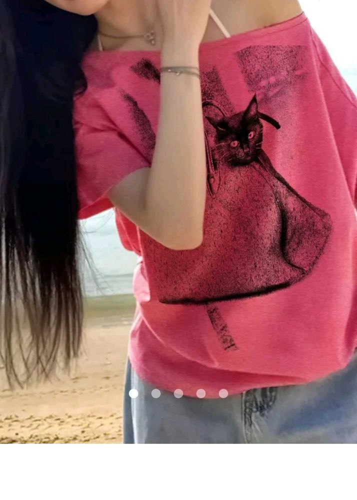 Pink Cat Graphic Oversized Tee