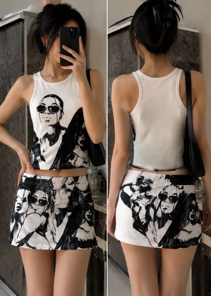 Black &amp; White Graphic Print Co-ord Set | Crop Top