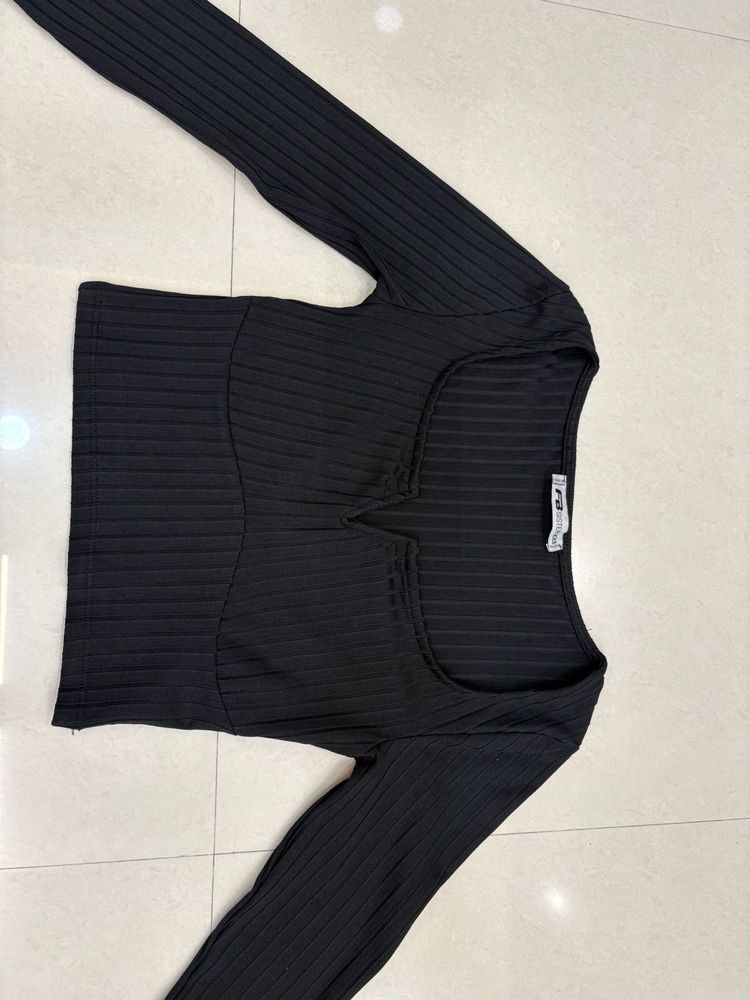 FB sisterRibbed Black Long Sleeve Top  -XXS