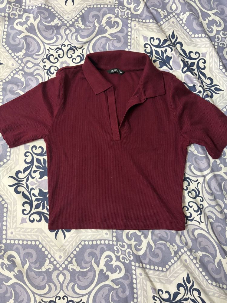 Maroon Collared Crop Top