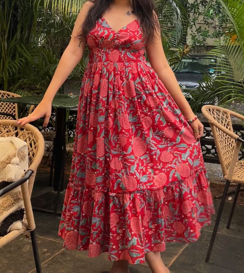 Red Floral Print Halter Neck Dress
