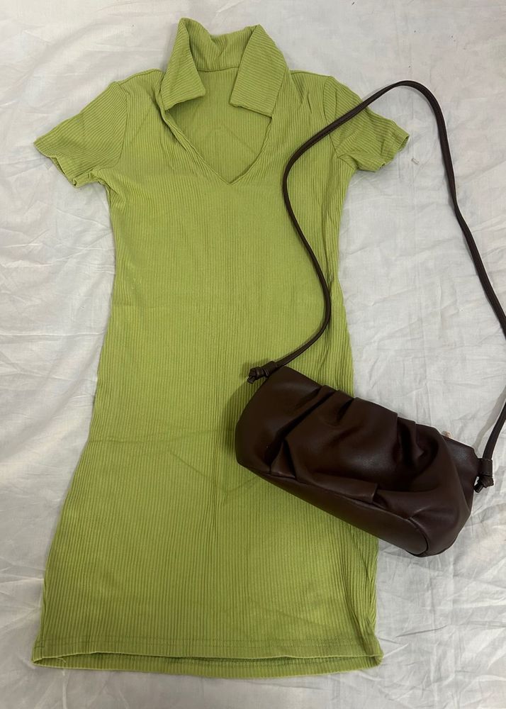 ribbed light green colour bodycon dress