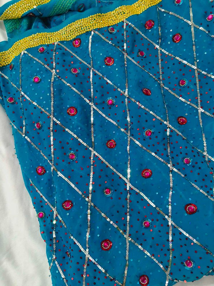 Sparkling Teal Saree with Embellishments