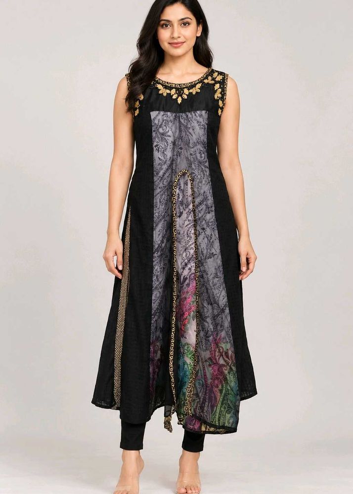 Elegant Black Kurta with Embellished Neckline