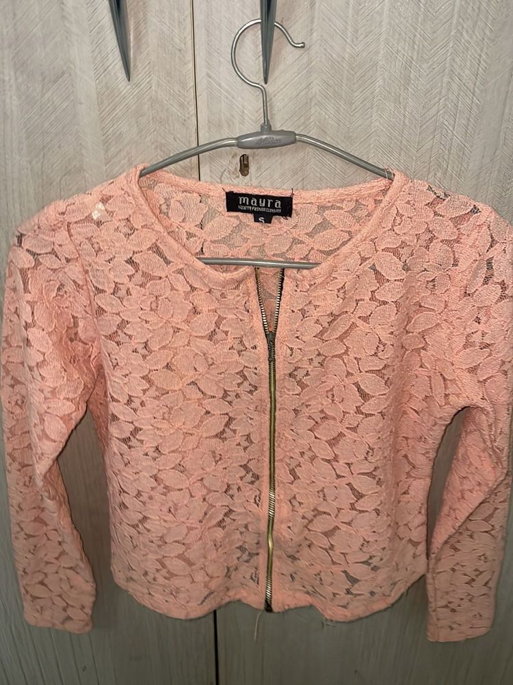 Peach Lace Zip-Up Jacket