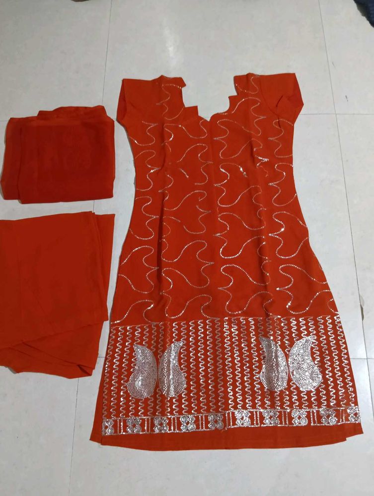 Orange Kurta Set with Silver Embellishments