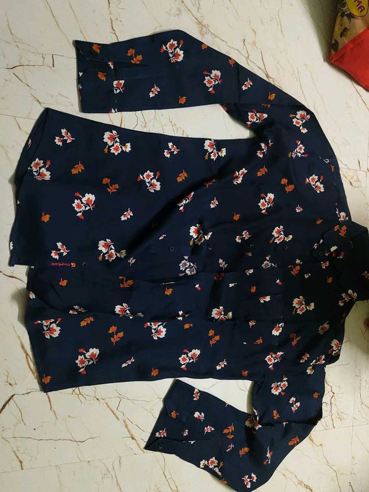 Navy Blue Floral Print Full Sleeve Top