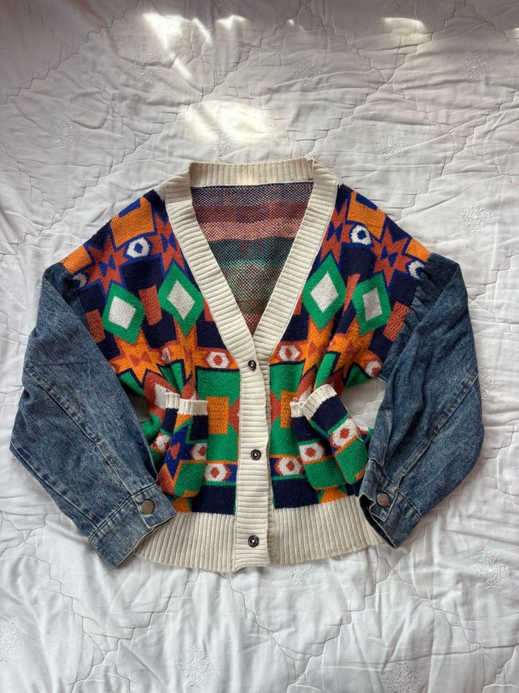 Unique Geometric &amp; Denim Cardigan