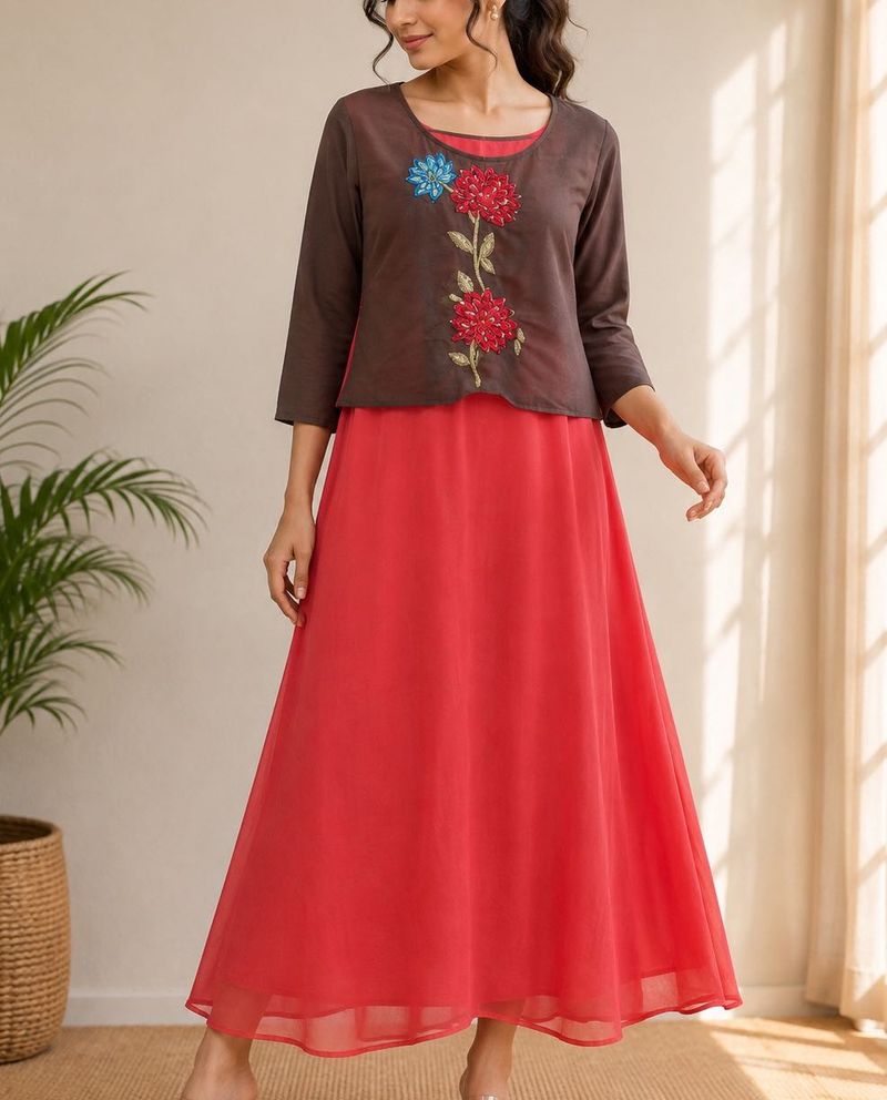 Embroidered Kurta Set with Red Skirt