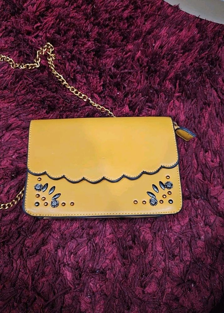 Dressberry Mustard Yellow Embellished Sling Bag