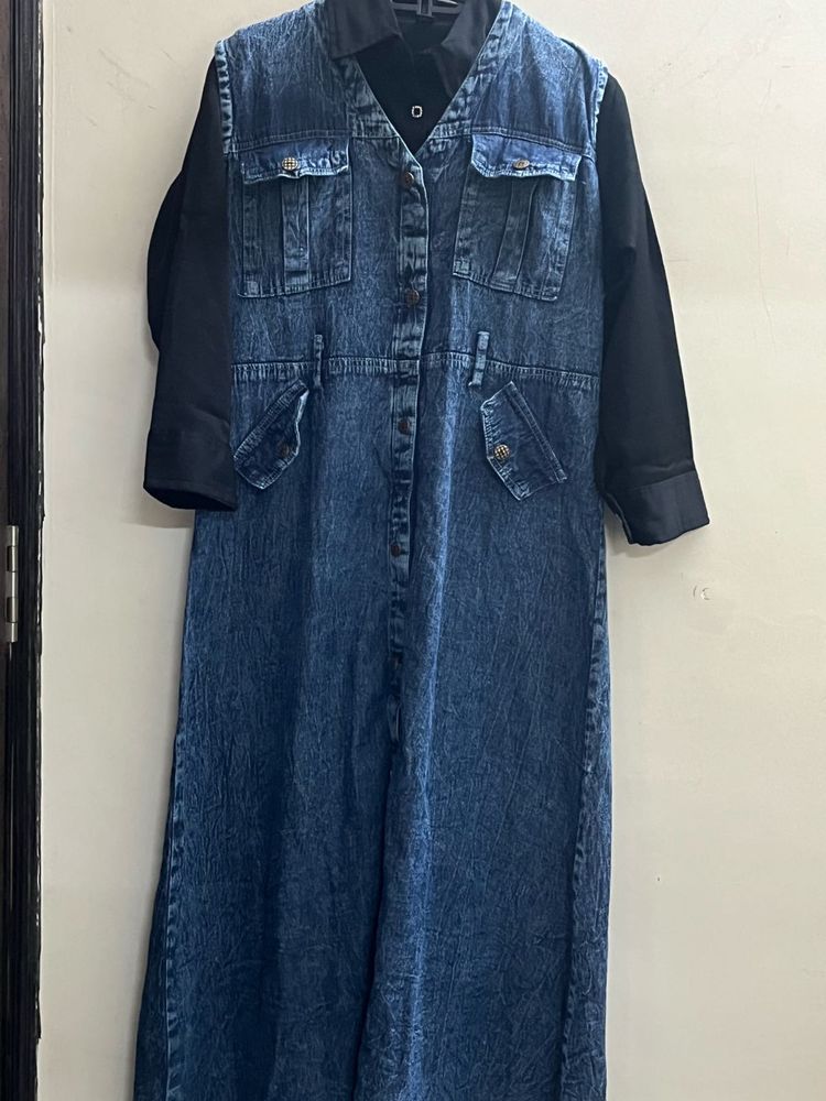 Denim Pinafore Dress with Black Top