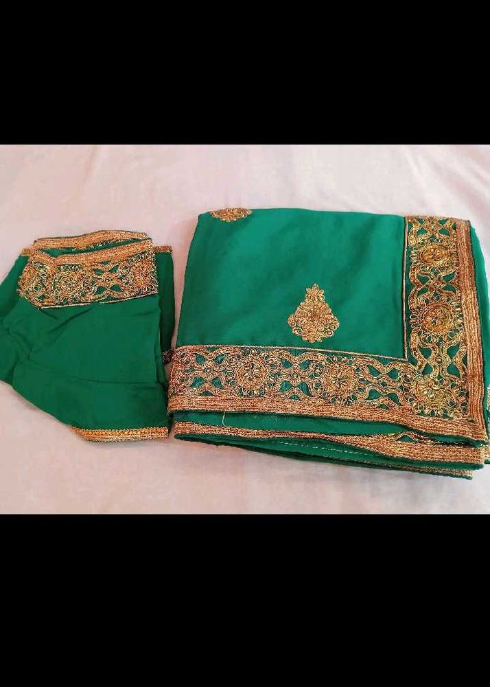 Green &amp; Gold Embroidered Saree