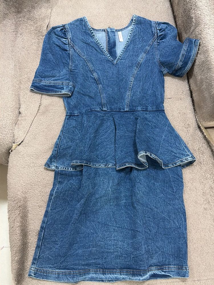 Denim Dress with Peplum Waist